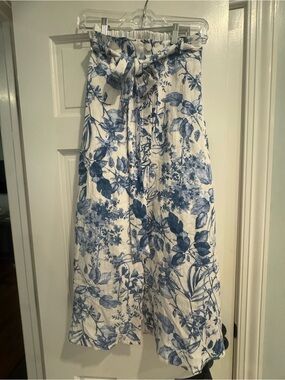 Blue Floral Midi Skirt with Tie Waist